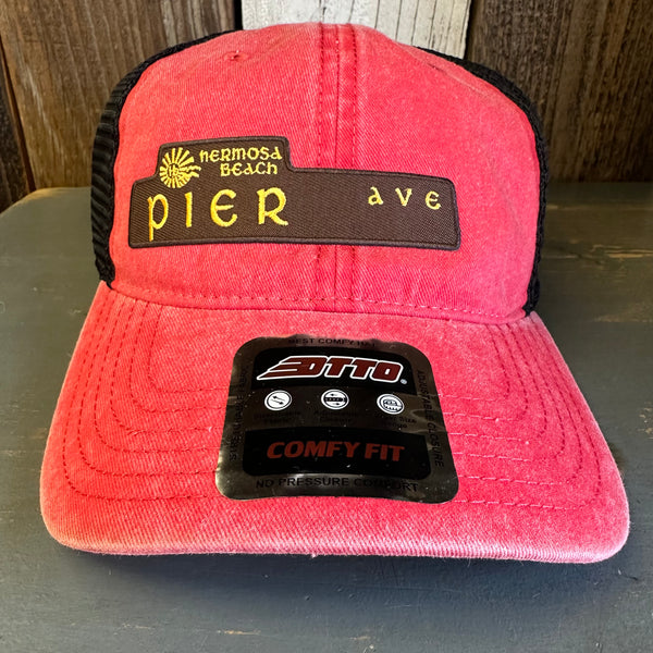 Hermosa Beach PIER AVE 6 Panel Low Profile "OTTO COMFY FIT" Trucker Hat - Red/Black