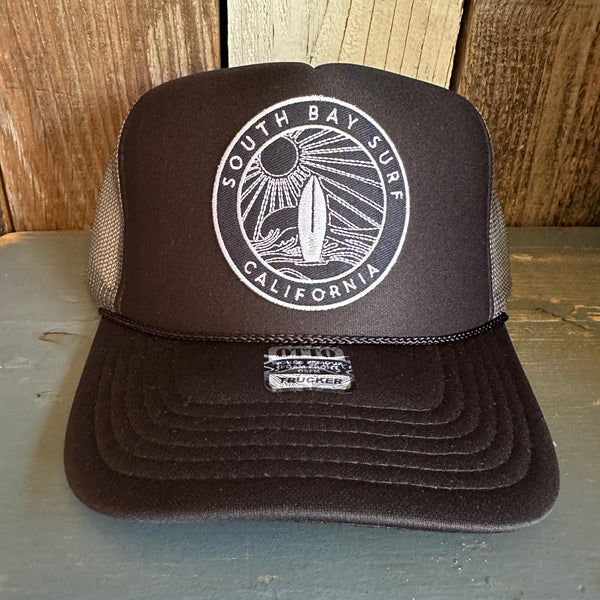 SOUTH BAY SURF (Navy Colored Patch) High Crown Trucker Hat - Black/Charcoal/Black (Curved Brim)