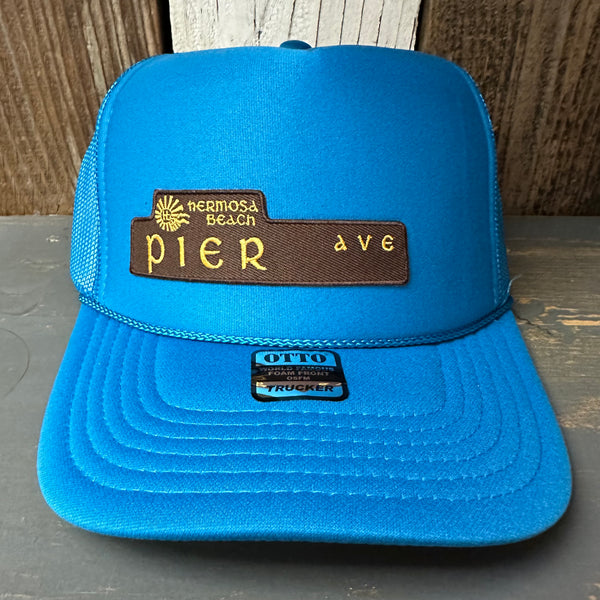 Hermosa Beach PIER AVE High Crown Trucker Hat - Turquoise Blue