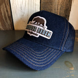 Hermosa Beach SURFING GRIZZLY BEAR Premium Denim Trucker Hat - Navy/Gold Stitching