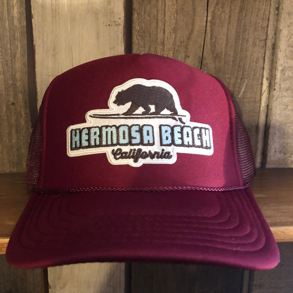 Hermosa Beach SURFING GRIZZLY BEAR Trucker Hat - Burgundy Maroon