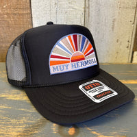 Hermosa Beach MUY HERMOSA High Crown Trucker Hat - Black (Curved Brim)