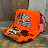 Hermosa Beach MUY HERMOSA High Crown Trucker Hat - Neon Orange Hunters Camo