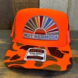 Hermosa Beach MUY HERMOSA High Crown Trucker Hat - Neon Orange Hunters Camo