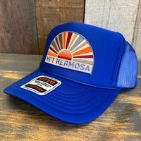 Hermosa Beach MUY HERMOSA High Crown Trucker Hat - Royal Blue (Curved Brim)