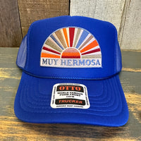 Hermosa Beach MUY HERMOSA High Crown Trucker Hat - Royal Blue (Curved Brim)