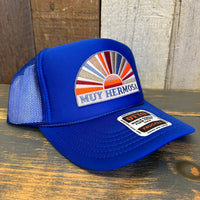 Hermosa Beach MUY HERMOSA High Crown Trucker Hat - Royal Blue (Curved Brim)