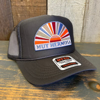 Hermosa Beach MUY HERMOSA High Crown Trucker Hat - Charcoal (Curved Brim)