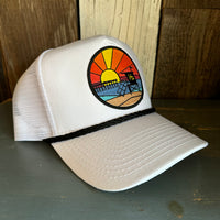 Hermosa Beach OBLIGATORY SUNSET 5 panel Cotton Twill Front, Mesh Back, Rope cap - White/Black Braid
