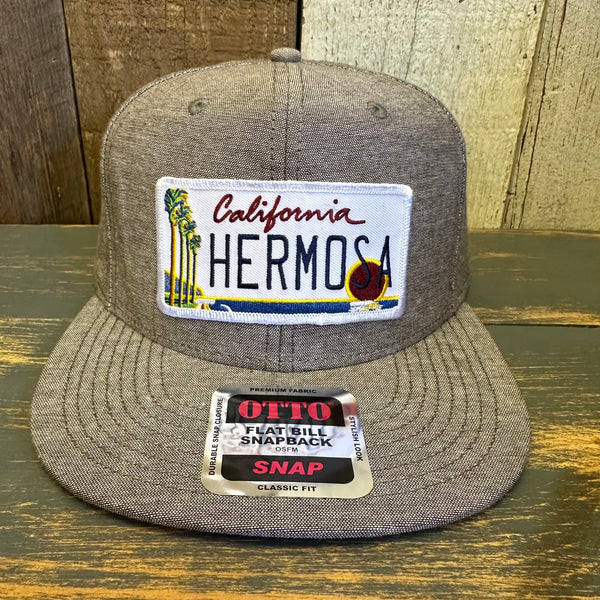 Hermosa Beach CALIFORNIA LICENSE PLATE 6 Panel Mid Profile Snapback Hat - Chambray Charcoal Gray