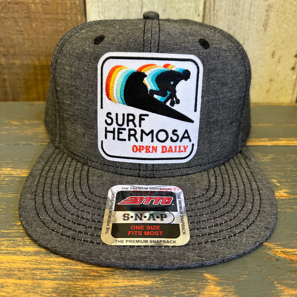 Hermosa Beach SURF HERMOSA :: OPEN DAILY 6 Panel Mid Profile Snapback Hat - Chambray Black