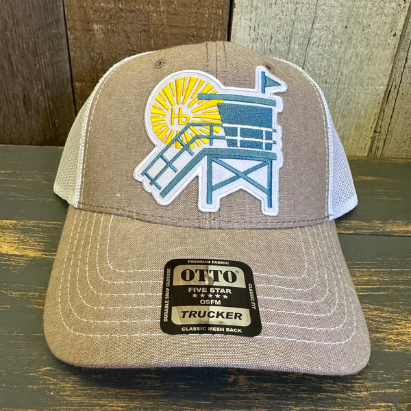 Hermosa Beach LIFEGUARD TOWER 6 Panel Low Profile Mesh Back Trucker Hat - Khaki/White