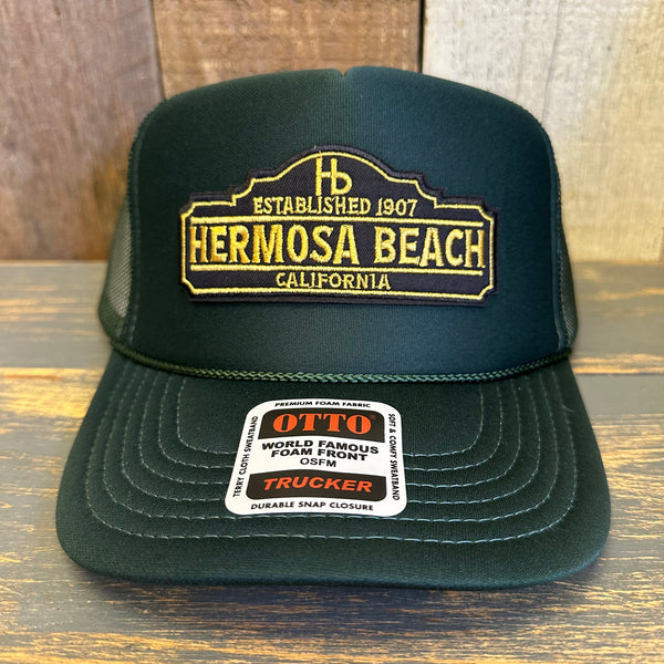 Hermosa Beach ARE YOU ESTABLISHED? High Crown Trucker Hat - Dark Green