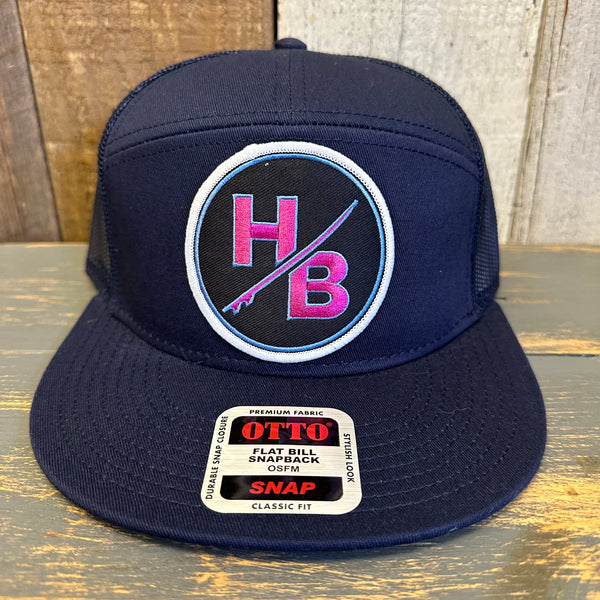 Hermosa Beach SO PITTED :: HB SURFBOARD 7 Panel Mid Profile Trucker Snapback Hat - Navy