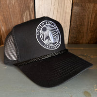 SOUTH BAY SURF (Navy Colored Patch) 5 panel Rope Trucker Cap - Black/Black Braid (Curved Brim)