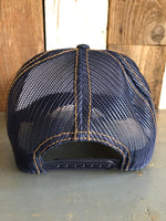 Hermosa Beach PIER AVE Premium Denim Trucker Hat - Navy/Gold Stitching