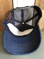 Hermosa Beach RETRO SUNSET Premium Denim Trucker Hat - Navy/Gold Stitching