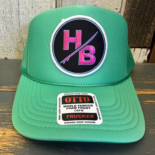 Hermosa Beach SKATEBOARDING WAS NEVER A CRIME! High Crown Trucker Hat - Cactus Green
