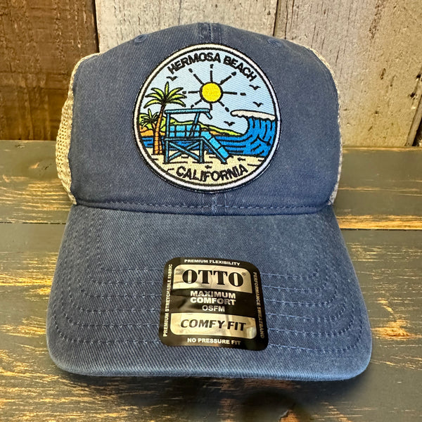 Hermosa Beach SHOREFRONT Low Profile Trucker Hat - Vintage Wash Navy Blue/Khaki