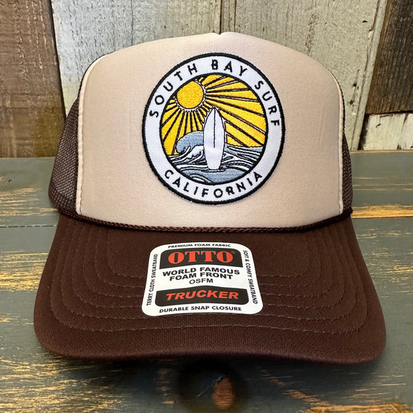 SOUTH BAY SURF (Multi Colored Patch) High Crown Trucker Hat - Khaki/Brown