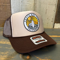 SOUTH BAY SURF (Multi Colored Patch) High Crown Trucker Hat - Khaki/Brown