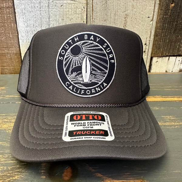 SOUTH BAY SURF (Black Colored Patch) High Crown Trucker Hat - Charcoal/Black