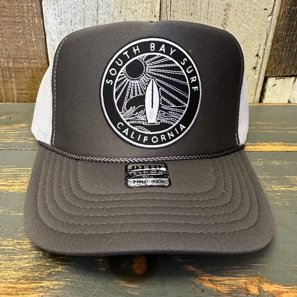 SOUTH BAY SURF (Black Colored Patch) High Crown Trucker Hat - Charcoal/White/Charcoal