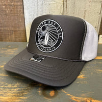 SOUTH BAY SURF (Black Colored Patch) High Crown Trucker Hat - Charcoal/White/Charcoal