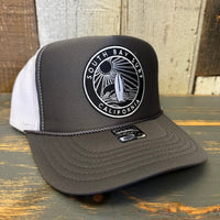 SOUTH BAY SURF (Black Colored Patch) High Crown Trucker Hat - Charcoal/White/Charcoal