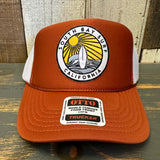 SOUTH BAY SURF (Multi Colored Patch) High Crown Trucker Hat - Texas Orange/White