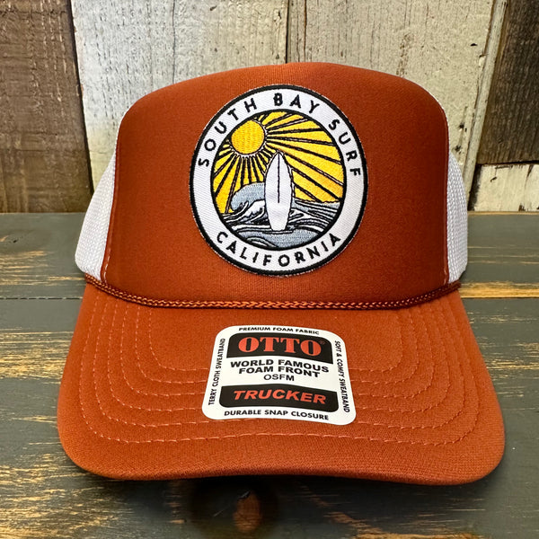 SOUTH BAY SURF (Multi Colored Patch) High Crown Trucker Hat - Texas Orange/White