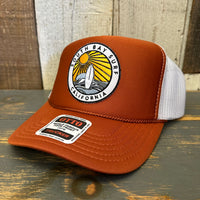 SOUTH BAY SURF (Multi Colored Patch) High Crown Trucker Hat - Texas Orange/White