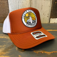 SOUTH BAY SURF (Multi Colored Patch) High Crown Trucker Hat - Texas Orange/White