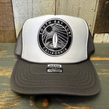 SOUTH BAY SURF (Black Colored Patch) High Crown Trucker Hat - White/Charcoal/Charcoal