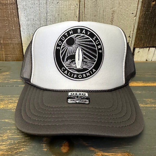 SOUTH BAY SURF (Black Colored Patch) High Crown Trucker Hat - White/Charcoal/Charcoal