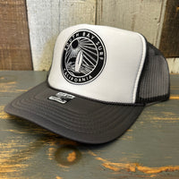 SOUTH BAY SURF (Black Colored Patch) High Crown Trucker Hat - White/Charcoal/Charcoal