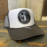 SOUTH BAY SURF (Black Colored Patch) High Crown Trucker Hat - White/Charcoal/Charcoal
