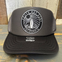 SOUTH BAY SURF (Black Colored Patch) High Crown Trucker Hat - Charcoal/Black Brim