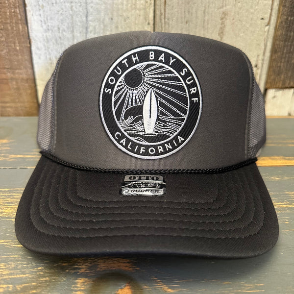 SOUTH BAY SURF (Black Colored Patch) High Crown Trucker Hat - Charcoal/Black Brim