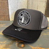 SOUTH BAY SURF (Black Colored Patch) High Crown Trucker Hat - Charcoal/Black Brim
