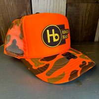 Hermosa Beach THE NEW STYLE High Crown Trucker Hat - Neon Orange Hunters Camo