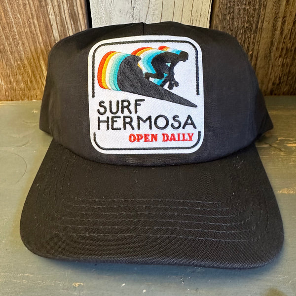 Hermosa Beach SURF HERMOSA :: OPEN DAILY - 5 Panel Hat - Black
