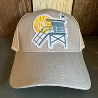 Hermosa Beach LIFEGUARD TOWER 6 Panel Low Profile Mesh Back Trucker Hat - Heather Grey/White