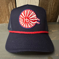 Hermosa Beach CHILL THE 4th OUT! 5 panel Trucker Hat - Navy/Red Braid