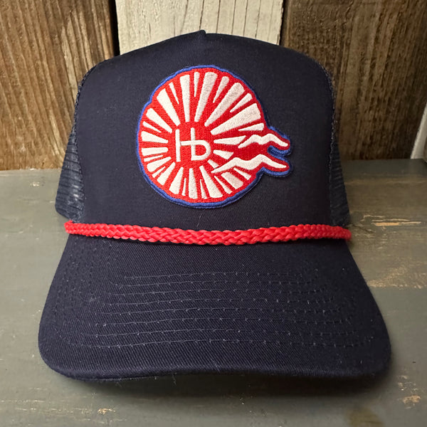 Hermosa Beach CHILL THE 4th OUT! 5 panel Trucker Hat - Navy/Red Braid