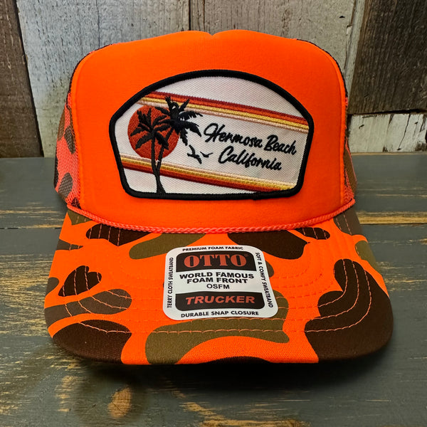 Hermosa Beach RETRO SUNSET High Crown Trucker Hat - Neon Orange Camo