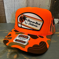 Hermosa Beach RETRO SUNSET High Crown Trucker Hat - Neon Orange Camo