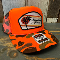 Hermosa Beach RETRO SUNSET High Crown Trucker Hat - Neon Orange Camo