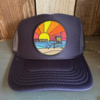 Hermosa Beach OBLIGATORY SUNSET High Crown Trucker Hat - Navy