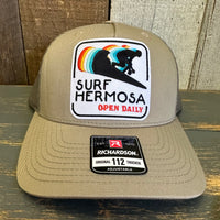 Hermosa Beach SURF HERMOSA :: OPEN DAILY Five-Panel Trucker Cap - Pale Khaki/ Loden Green